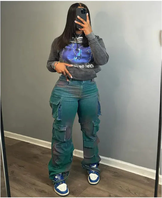 High-Waist Tie-Dye Cargo Jeans